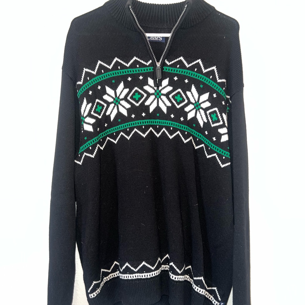 Men’s Black Half-Zip Fair Isle Sweater With Green Accents